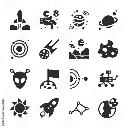 Space icons set. Outer space, bodies, planets. Solar system and galaxy. Monochrome black and white icon.
