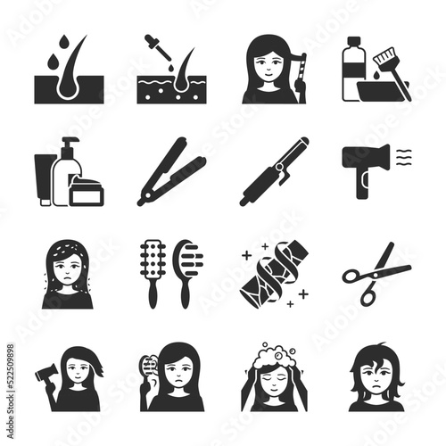 Hair care icons set. Make your hair look good. Nourishing the hair and scalp. Strengthening the hair, equipment . Monochrome black and white icon.