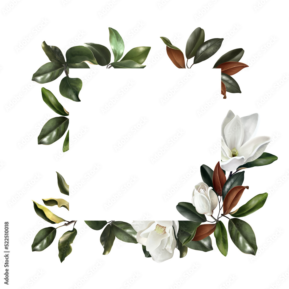 Vintage Realistic magnolia flowers frame. Floral frame with white magnolia flowers and leaves.