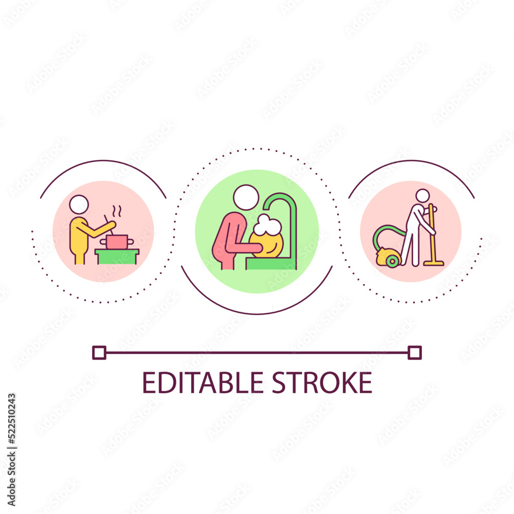 Household chores loop concept icon. Domestic duties abstract idea thin line illustration. Performing home activities. Cooking and cleaning. Isolated outline drawing. Editable stroke. Arial font used Household chores loop concept icon. Domestic duties abstract idea thin line illustration. Performing home activities. Cooking and cleaning. Isolated outline drawing. Editable stroke. Arial font used