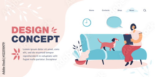 Animal psychologist sitting on sofa with dachshund. Woman helping dog through therapy flat vector illustration. Animal care, pets, health concept for banner, website design or landing web page