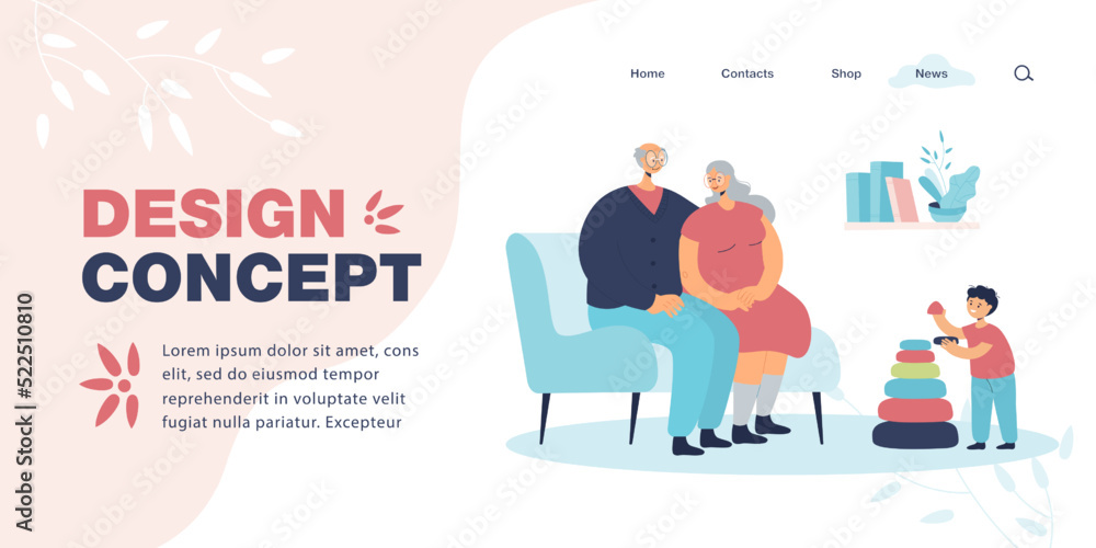 Grandparents sitting on sofa and looking at grandson. Boy building pyramid with grandmother and grandfather flat vector illustration. Family concept for banner, website design or landing web page