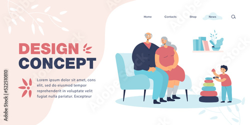 Grandparents sitting on sofa and looking at grandson. Boy building pyramid with grandmother and grandfather flat vector illustration. Family concept for banner, website design or landing web page