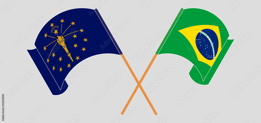 Crossed and waving flags of the State of Indiana and Brazil