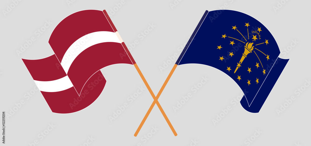 Crossed and waving flags of Latvia and the State of Indiana