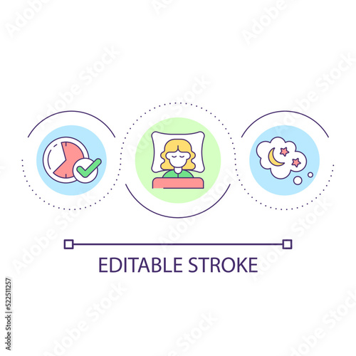 Healthy sleep habits loop concept icon. Bedtime routine abstract idea thin line illustration. Improving sleep quality. Regular schedule. Isolated outline drawing. Editable stroke. Arial font used