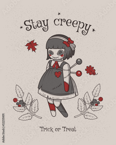 Vector invitation for Halloween parties or greeting cards with traditional symbols. Сute voodoo girl doll. Hand drawn vector cartoon.