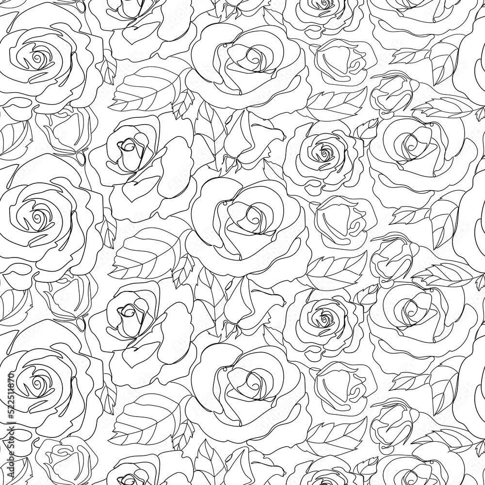 Seamless pattern with flowers Roses outline drawing.Vector illustration.Beautiful Floral seamless texture for print,fabric,packaging,wallpaper and other design.Black and white rose flowers hand drawn