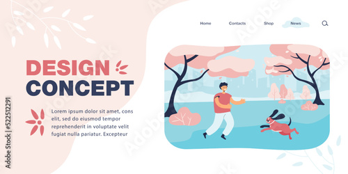 Boy playing with dog in nature flat vector illustration. Happy man spending time with lovely pet outdoor. Puppy paddling in water. Friendship concept for banner  website design or landing web page