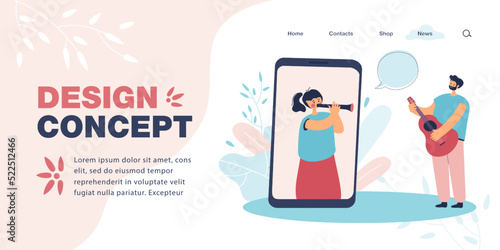 Girl playing pipe on phone screen and boy playing guitar flat vector illustration. Friends having online concert. Art, music concept for banner, website design or landing web page