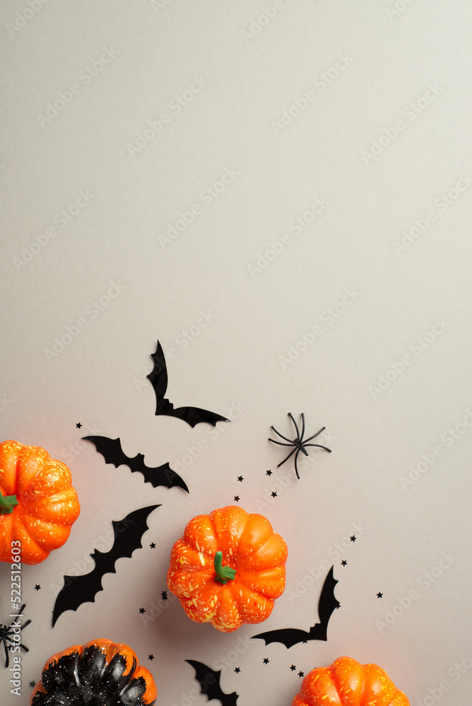 Halloween concept. Top view photo of pumpkins spiders bat silhouettes ...
