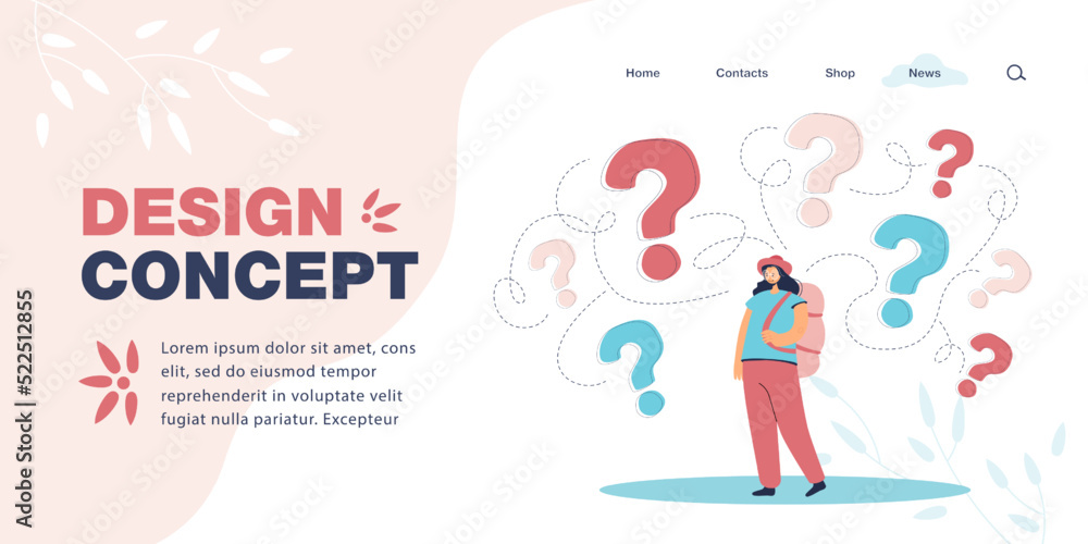 Female tourist with question marks above head. Girl with backpack thinking, wondering, making decision flat vector illustration. Travel, trip concept for banner, website design or landing web page Female tourist with question marks above head. Girl with backpack thinking, wondering, making decision flat vector illustration. Travel, trip concept for banner, website design or landing web page