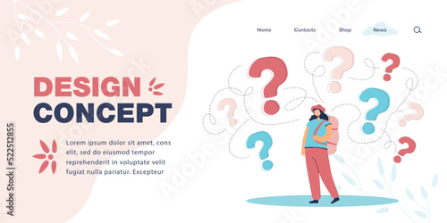 Female tourist with question marks above head. Girl with backpack thinking, wondering, making decision flat vector illustration. Travel, trip concept for banner, website design or landing web page
