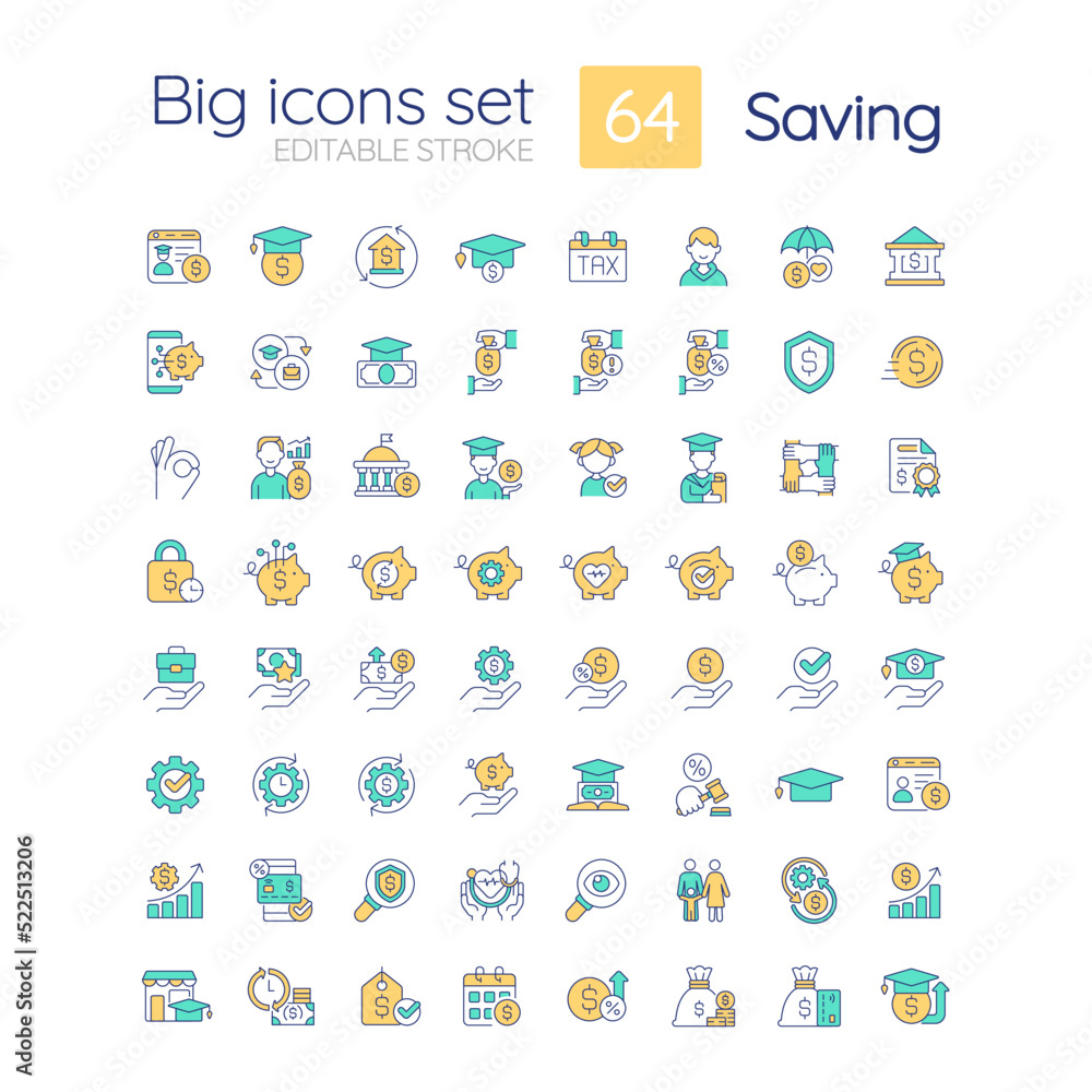 Saving RGB color icons set. Financial funds. Money management. Smart investment. Isolated vector illustrations. Simple filled line drawings collection. Editable stroke. Quicksand-Light font used Saving RGB color icons set. Financial funds. Money management. Smart investment. Isolated vector illustrations. Simple filled line drawings collection. Editable stroke. Quicksand-Light font used