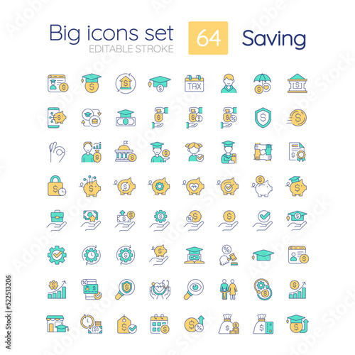 Saving RGB color icons set. Financial funds. Money management. Smart investment. Isolated vector illustrations. Simple filled line drawings collection. Editable stroke. Quicksand-Light font used
