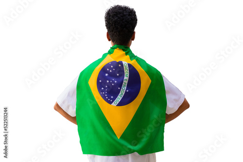 September seven, Brazil Independence Day. Black man holds Brazilian flag isolated.