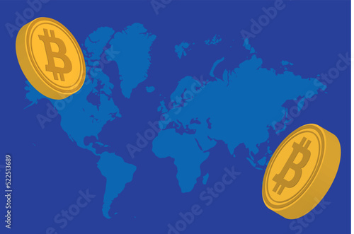 illustration of a blue world map with two gold bitcoin coins on the top left and bottom right on a dark blue background. Digital virtual cryptocurrency. Template for cover, flyer or banner. High