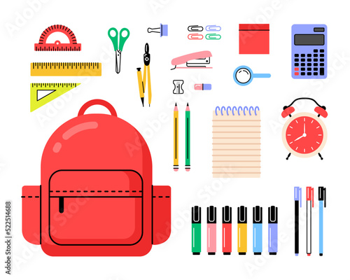Back to school modern flat icon set. School supplies: backpack, markers, rulers, notebook, etc.
