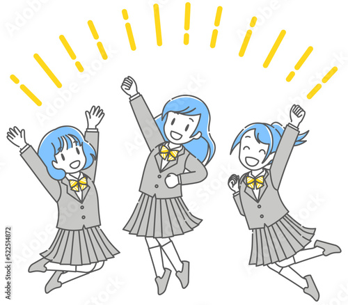 元気にジャンプする3人の女子高校生(シンプルカラー・冬ブレザー)