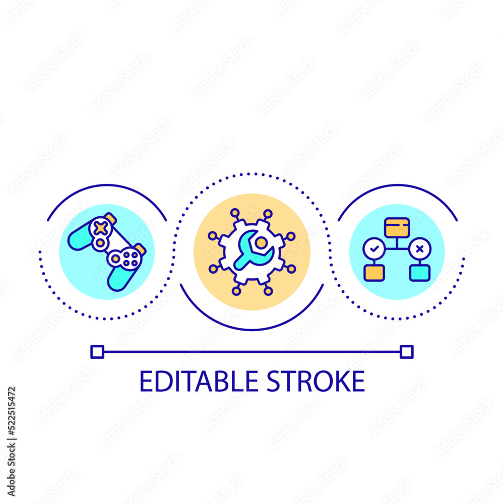 Video game development field loop concept icon. Software engineer. Computer science sphere abstract idea thin line illustration. Isolated outline drawing. Editable stroke. Arial font used