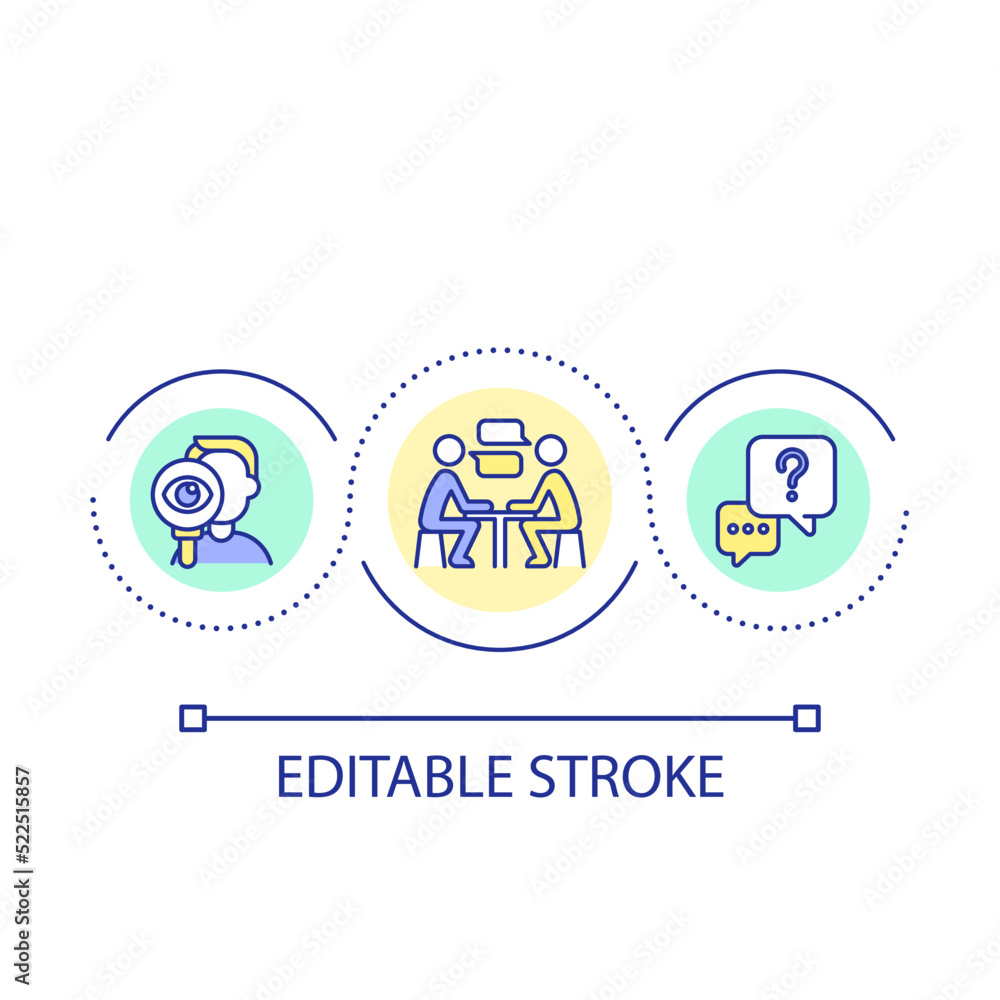 Job interview loop concept icon. Employment. Vacancy candidate. Preparing answers. Apply for position abstract idea thin line illustration. Isolated outline drawing. Editable stroke. Arial font used Job interview loop concept icon. Employment. Vacancy candidate. Preparing answers. Apply for position abstract idea thin line illustration. Isolated outline drawing. Editable stroke. Arial font used