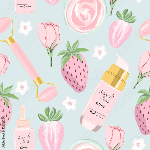 Seamless pattern with cosmetic products, strawberries, and roses. Beauty background for fabric, wrapping, textile, wallpaper, and apparel. Vector illustration.
