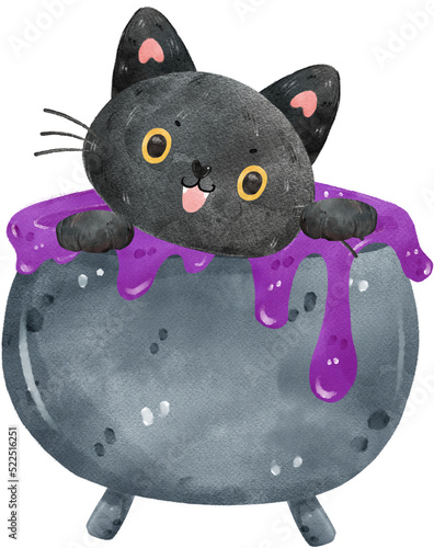 cute black cat in cauldron witch pot Halloween watercolor photo