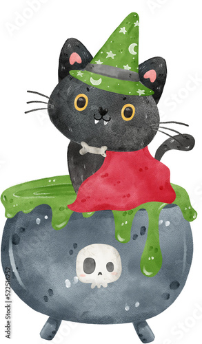 cute black cat in cauldron witch pot Halloween watercolor photo