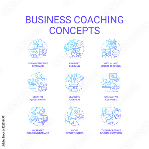 Business coaching blue gradient concept icons set. Learning experience idea thin line color illustrations. Training. Effective feedback. Isolated symbols. Roboto-Medium  Myriad Pro-Bold fonts used