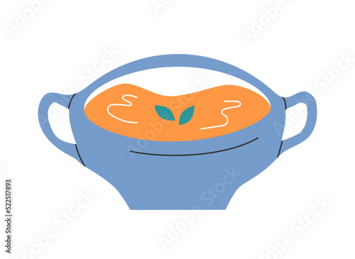 Hand drawn cute cartoon illustration of pumpkin soup. Flat vector Halloween and Thanksgiving sticker in colored doodle style. Fall or autumn food icon or print. Isolated on white background.