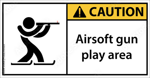 Airsoft gun play area, please be careful.Sign caution.