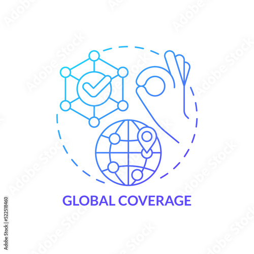 Global coverage blue gradient concept icon. Business coaching platform benefit abstract idea thin line illustration. Globalization. Isolated outline drawing. Myriad Pro-Bold font used