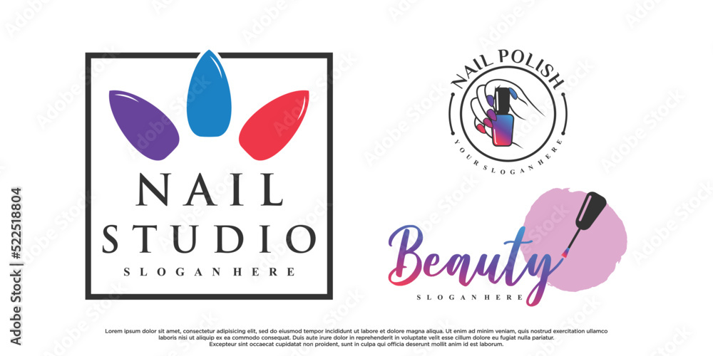 Set of collection nail polish or nail art icon logo design with creative element Premium Vector