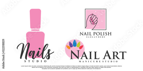 Set of collection nail polish or nail art icon logo design with creative element Premium Vector
