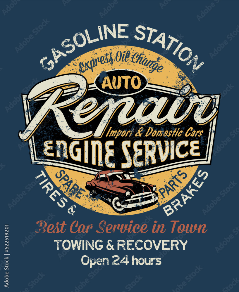 Car garage repair service gasoline station vintage vector print for boy t shirt grunge effect in separate layer