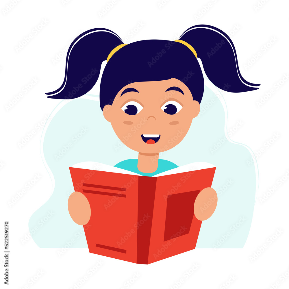 Girl reading book. Back to school. Love reading concept. Template for banner, postcard, card, invitation. Illustration in flat style. Girl reading book. Back to school. Love reading concept. Template for banner, postcard, card, invitation. Illustration in flat style.