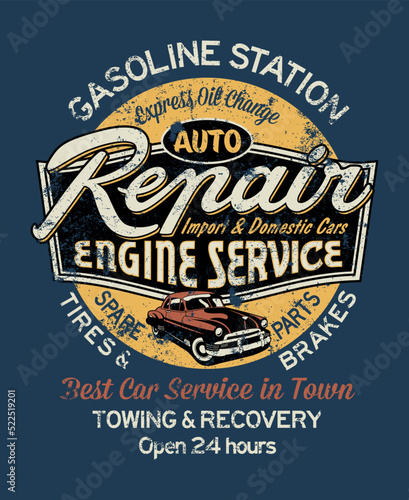 Car garage repair service gasoline station vintage vector print for boy t shirt grunge effect in separate layer