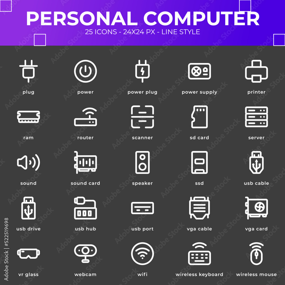 Fototapeta premium Personal Computer Icon Pack With Black Color