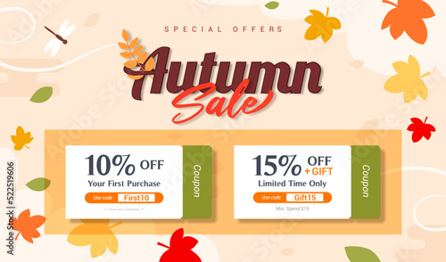 Autumn sale voucher coupon template background vector illustration. Promotion coupon code