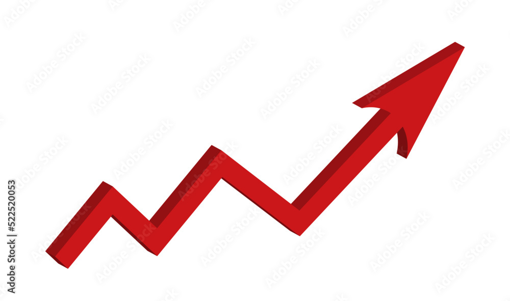 Red growing up 3d large arrow sign isolated on white background. Inflation Bar chart. Graph. Rising price. Finance and Economy. Market volatility. Financial planning. Global crisis concept. Recession Red growing up 3d large arrow sign isolated on white background. Inflation Bar chart. Graph. Rising price. Finance and Economy. Market volatility. Financial planning. Global crisis concept. Recession