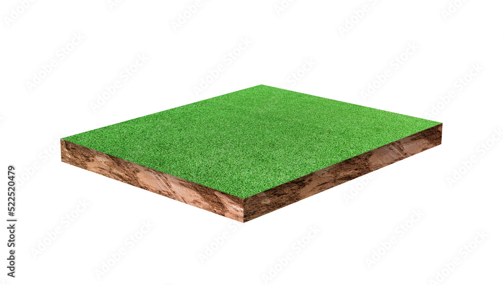 Soil cubic cross section with green grass field on transparent ...