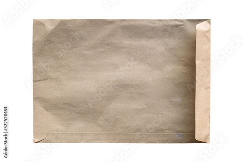 Open brown paper envelope on transparent background - PNG format.