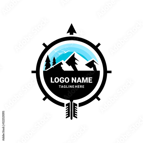 vektor ilustrasi logo gunung dan hutan pinus , hunter and adveture logo photo