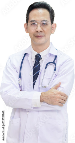 Crossed Arm Asian Doctor in a Gown Standing in a Hospital on Transparent Background photo