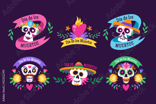 Mexican Dia de los Muertos label collection. 6 labels with traditional Mexican elements to celebrate the Day of the Dead. Isolated elements. Set 3 of 3.