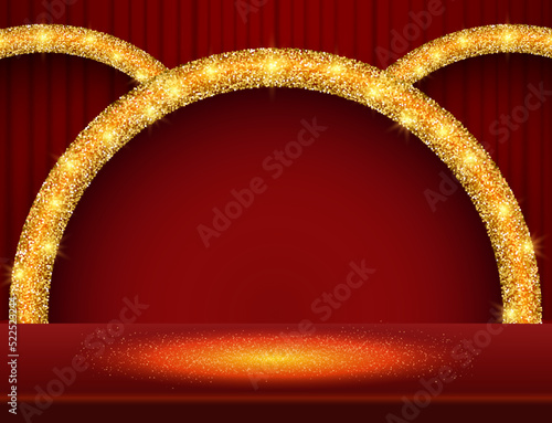 Vector illustration red curtain background with sparkle golden arch