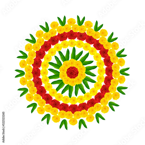 Beautiful yellow and red flower rangoli for indian festival decration celebration. photo