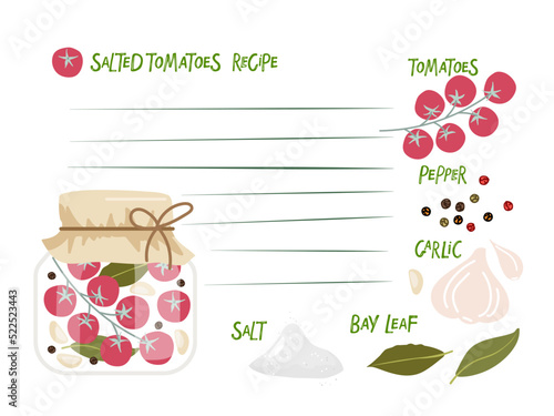 Salted tomatoes recipe with copy space. Jar preserved vegetables with ingredients for recipe, vegetables and spices. Hand drawn doodle sketch isolated on white. Flat vector Food recipe template.