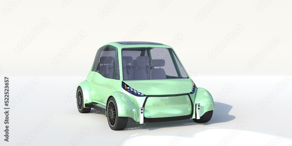 3D rendering. Small light green electric car isolated on white background, front and side view
