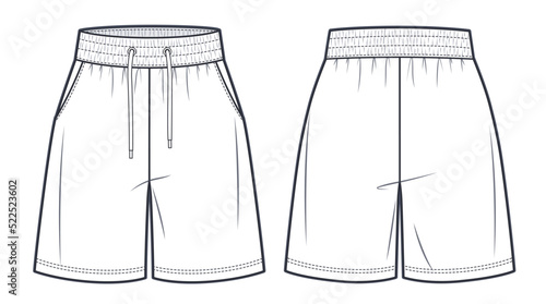 Unisex Bermuda Shorts technical fashion illustration. Short sweat Pants fashion flat template, elastic waist, front and back, white colour. Sportswear unisex CAD mock-up.